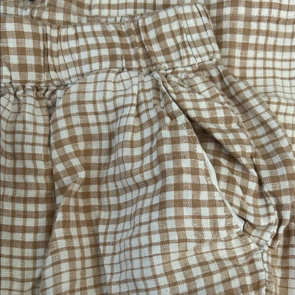 Everlane Women’s Linen Beige Gingham Set - Short Sleeve Button Down Top & Shorts